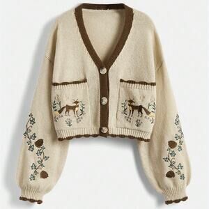 Romwe Fox Embroidered Crop Cardigan Knit Sweater Womens L Cottagecore Fairycore